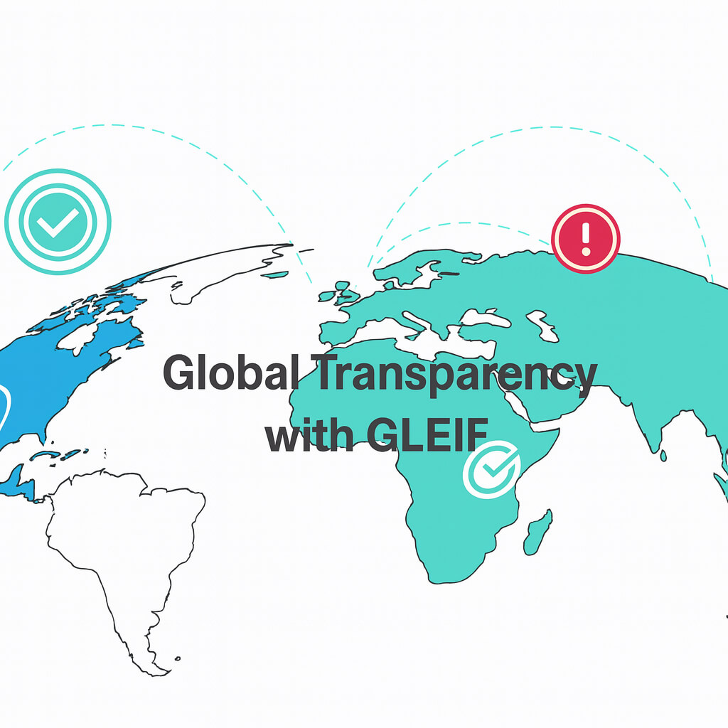 Ilustración del mapa mundial que muestra las conexiones globales y el texto 'Transparencia global con GLEIF', que simboliza la transparencia financiera y la identificación fiable de entidades