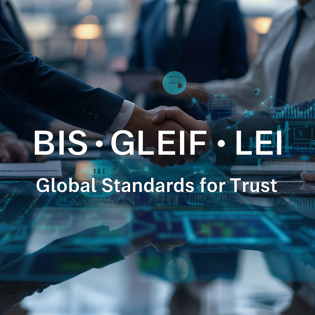Apretón de manos con superposición de red digital y texto BIS • GLEIF • LEI: estándares globales para la confianza