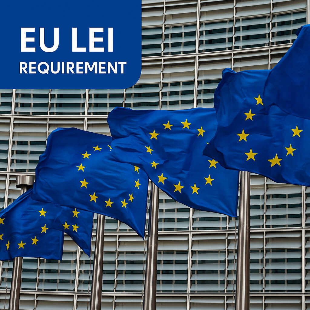 Requisito LEI de la UE – Banderas de la Unión Europea frente al edificio de la Comisión, que simbolizan las obligaciones del identificador de persona jurídica en la UE