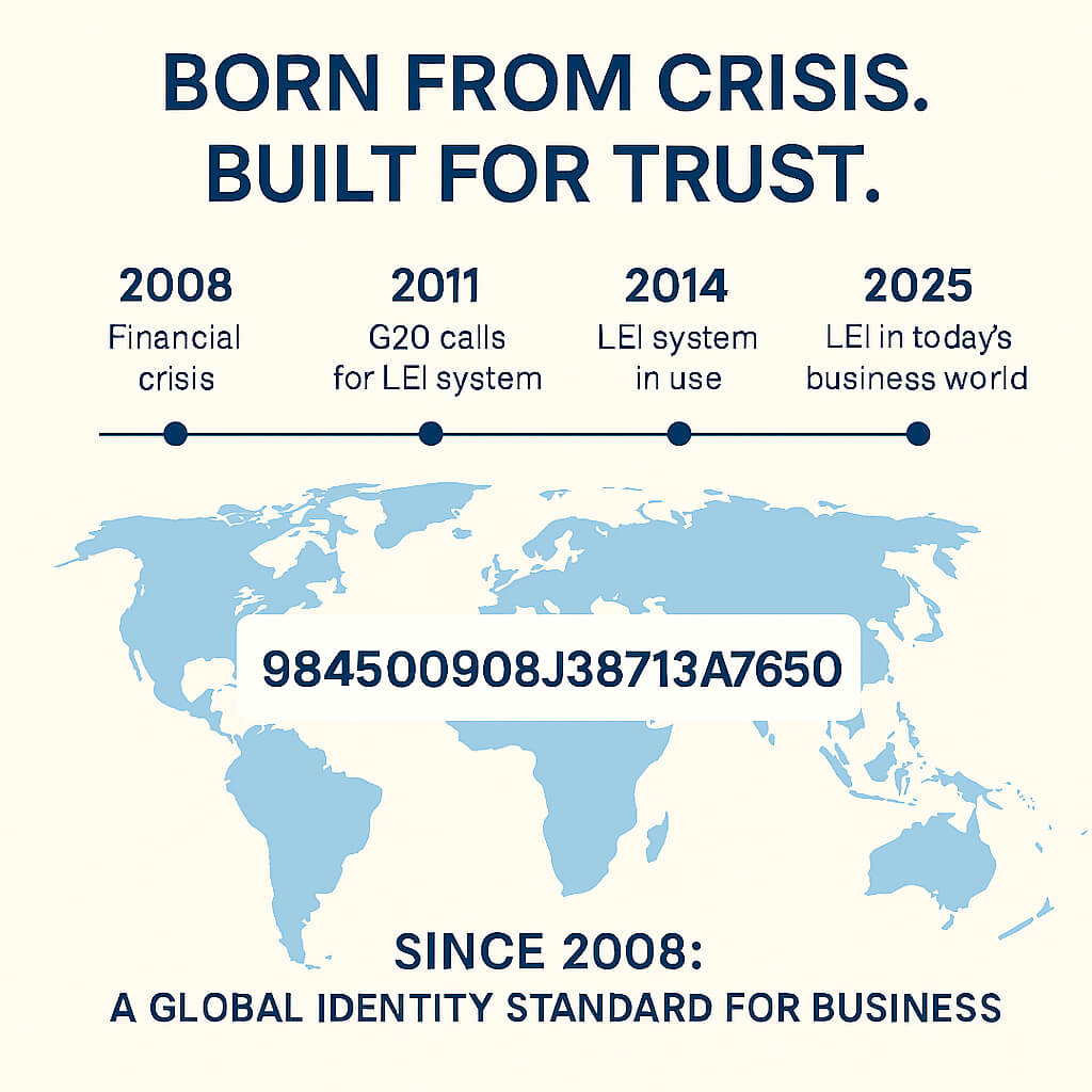 Cronología de la historia del LEI: desde la crisis financiera de 2008 hasta la actualidad, que muestra el identificador de entidad jurídica como un estándar de identidad global para las empresas