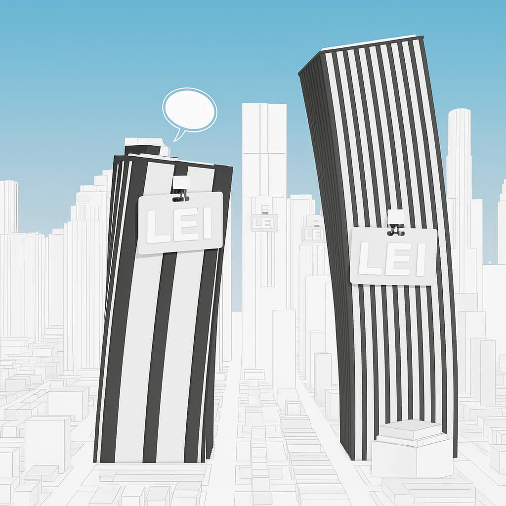 Ilustración de edificios empresariales que llevan distintivos LEI, que simboliza el uso del identificador de entidad jurídica en el sector empresarial